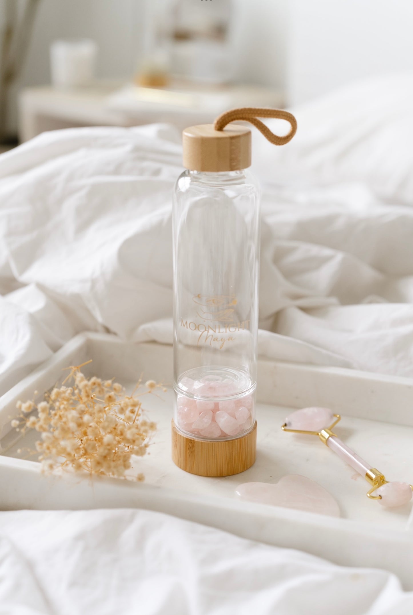 Bamboo glass water bottle - Rose Quartz