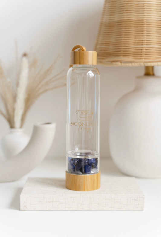 Bamboo glass water bottle -  Blue Agate